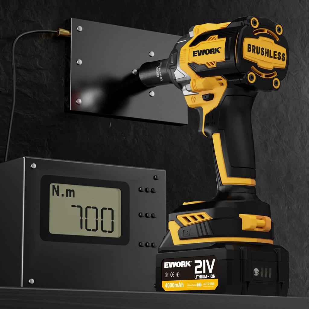 Rechargeable Impact Wrench EWORK21V Brushless Compact Max High Torque Electric Impact Wrench Fast 5 Tool Bag - 700N.m 4.0Ah Lithium-ion, Charger,