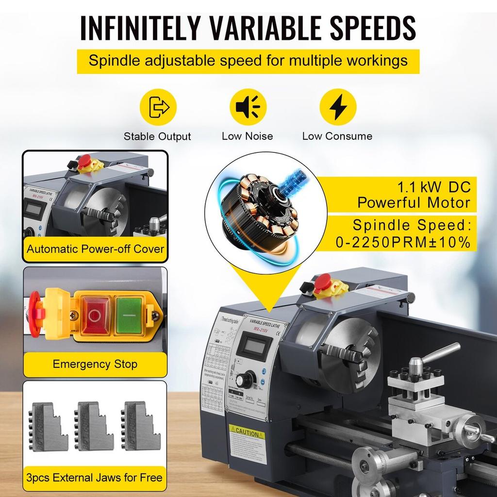 Aktualisierte 750W Mini-Metall Drehmaschine 8x16 Zoll Metall Drehmaschine mit Luxus-Zubehörkasten, 50-2500 U/min Stufenlos Variable Geschwindigkeiten MT3 Spindelkonus Metall Drehmaschine