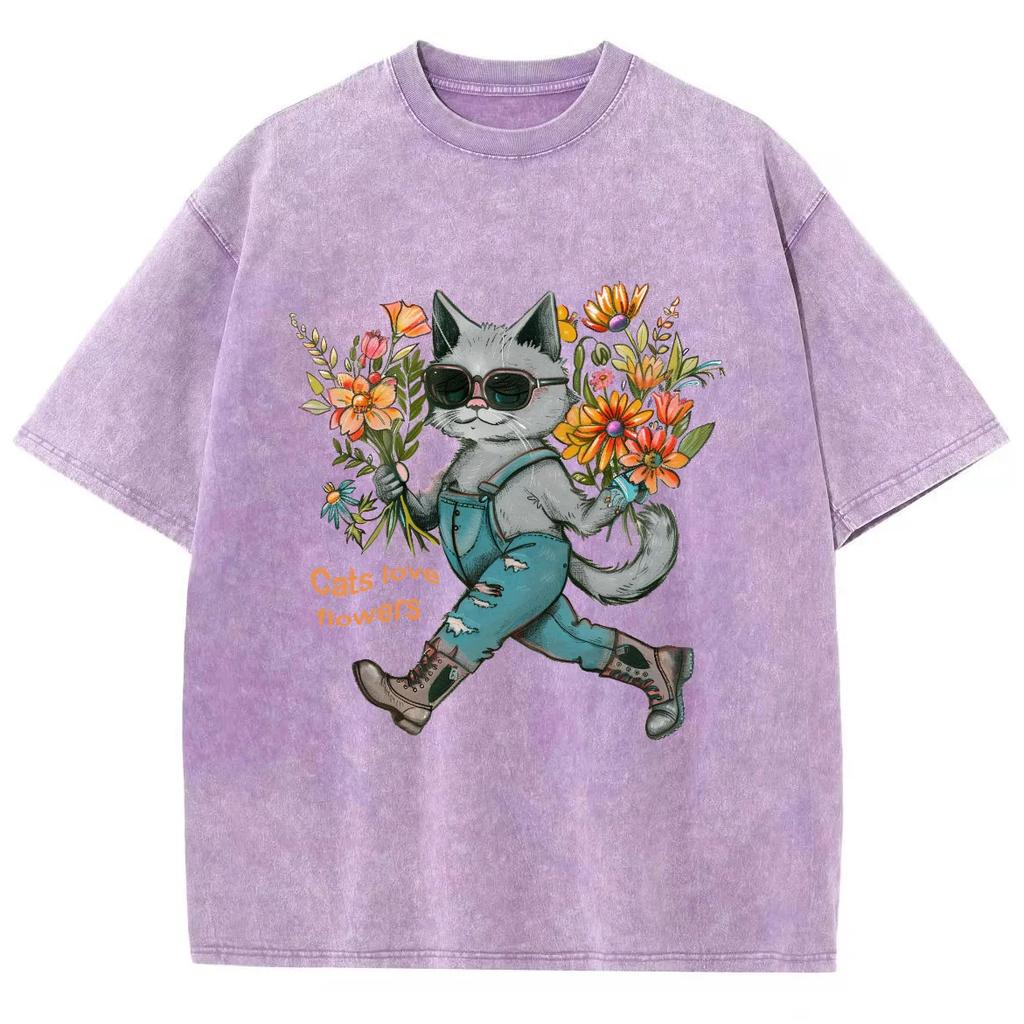 Cute Blue Cat Anthropomorphic Print Women's T-Shirt Loose Wash Oversized Short Sleeve Fashion Design Funny Style Top