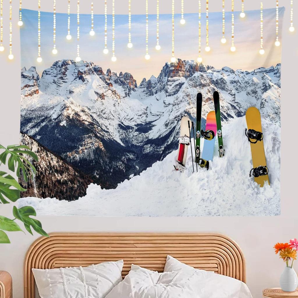 White Winter Snow Wall Tapestry, Colorful Three Wall Hanging Large Tapestry Decoration Polyester Fiber White Hem Around for Dorm