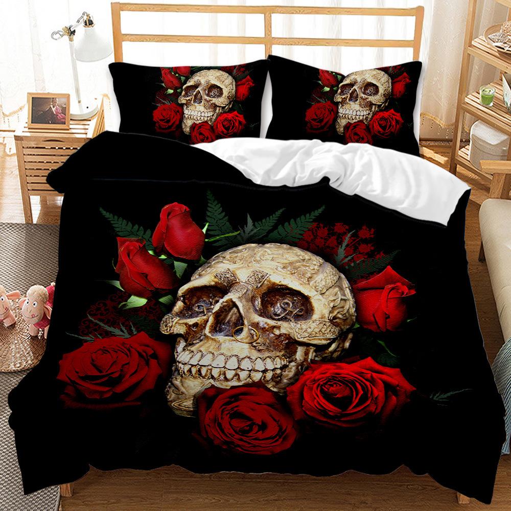Halloween Skull Rose 3D Digital Printed Quilt Set Three-Piece Holiday Kit