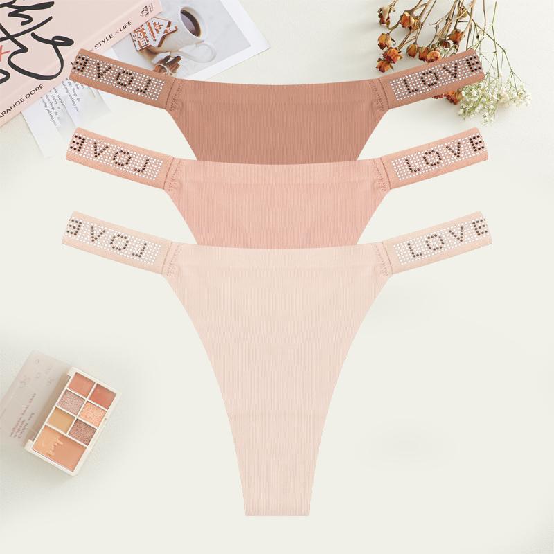 3Pcs Sexy Seamless Women's Underwear Low Waist Rhinestones Letter Thong Solid Stretch G-string Ladies Sports Bikini Lingerie New