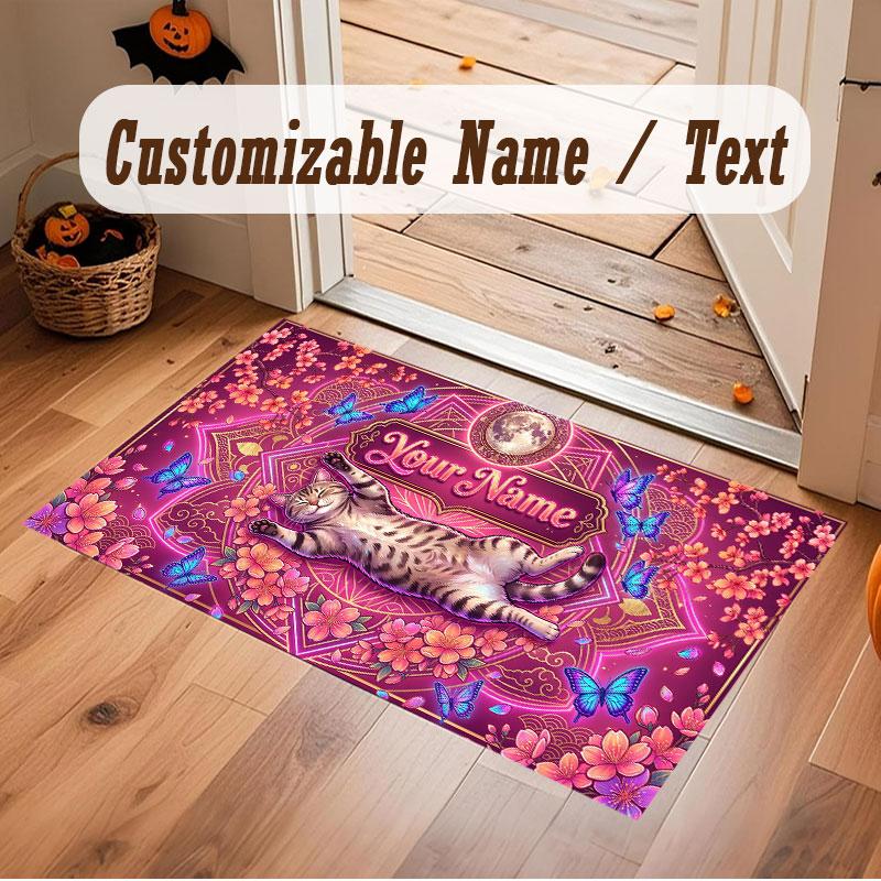 Cat Theme Crystal Velvet Floor Rug Personalized Custom Name Text Warm Carpet Home Decoration