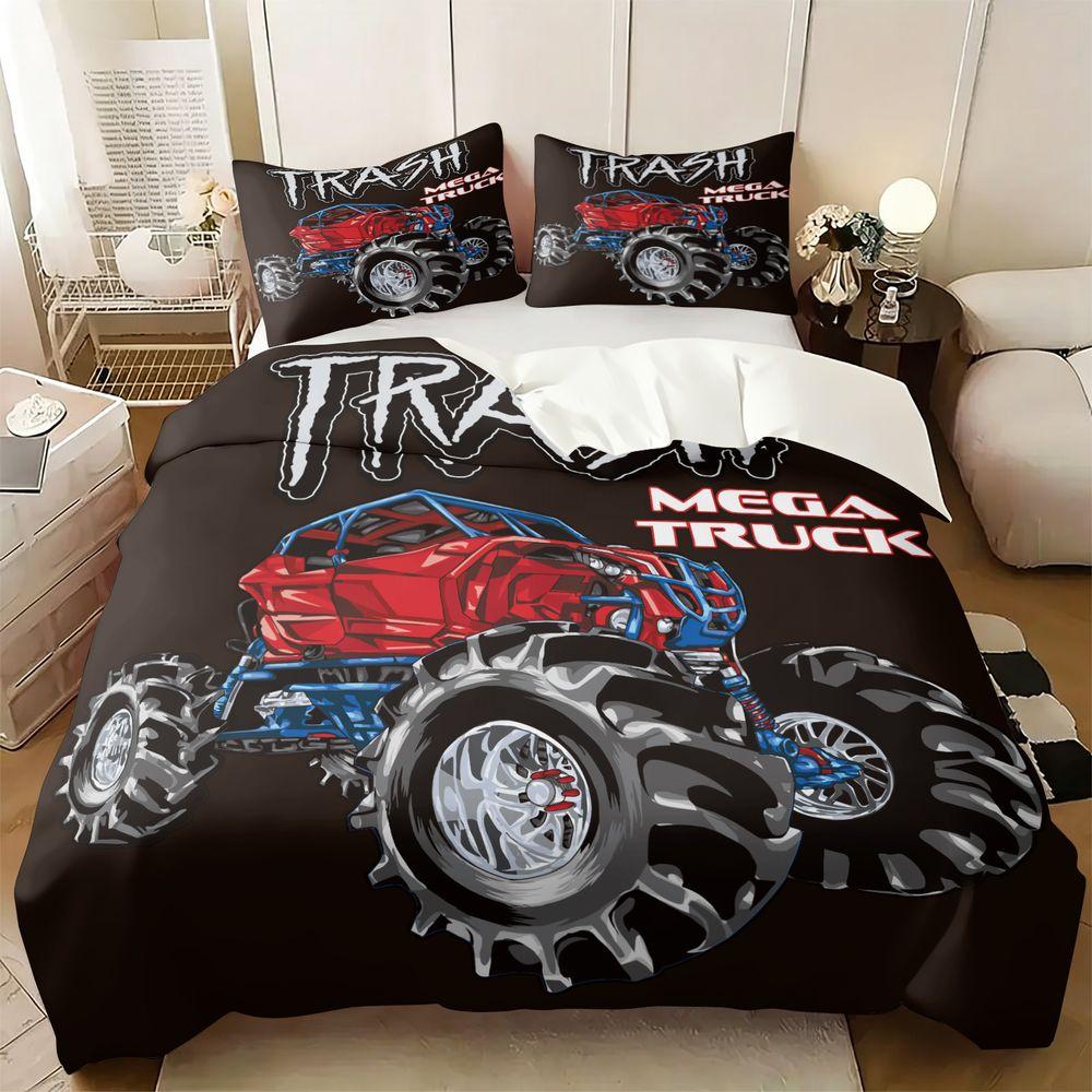 Monster Truck Print Duvet Cover Set (1 Duvet Cover & 1/2 Pillowcase) Cool Off-Road Bedding Set Perfect for Boys Bedroom