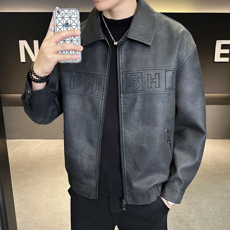 New simple men's leather jacket American retro pu tooling locomotive old money wind tough loose trendy leather jacket
