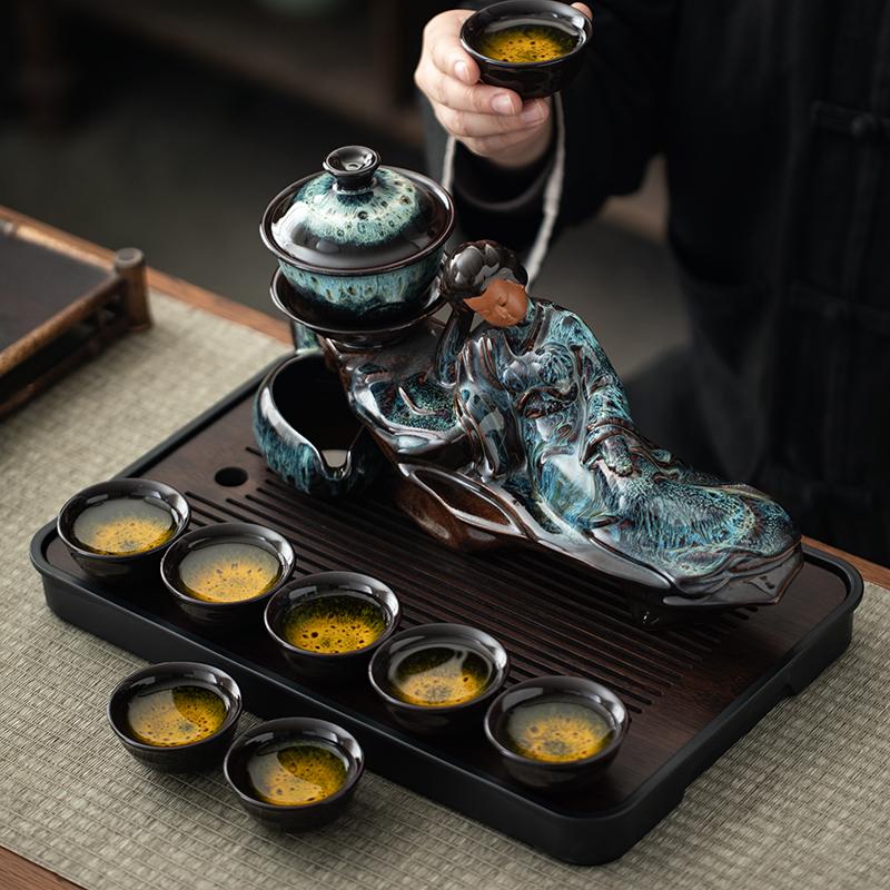 1 Set of Creative Lazy Tea Set, Semi-automatic Beauty Teapot, Magnetic Rotating Water Guide, Chinese Kung Fu Tea Set