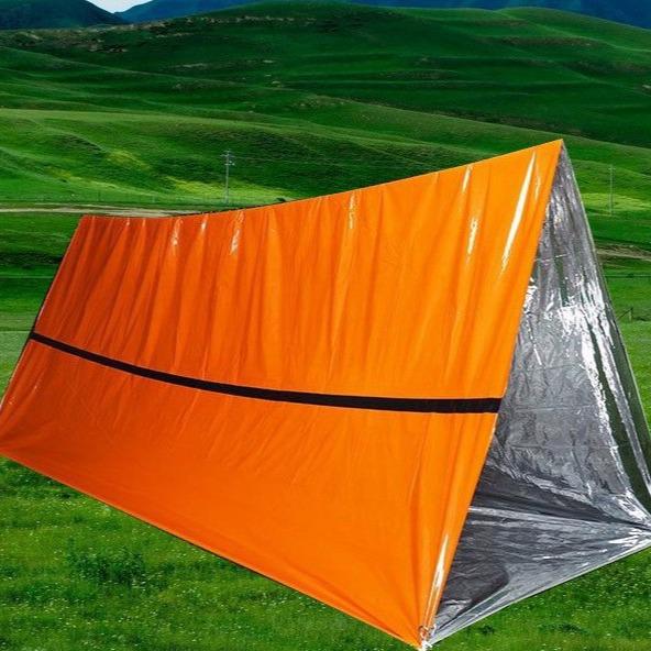 Portable Orange Emergency Tent & Sleeping Bag with Insulation - Outdoor Camping Raincoat & First Aid Blanket Combo.