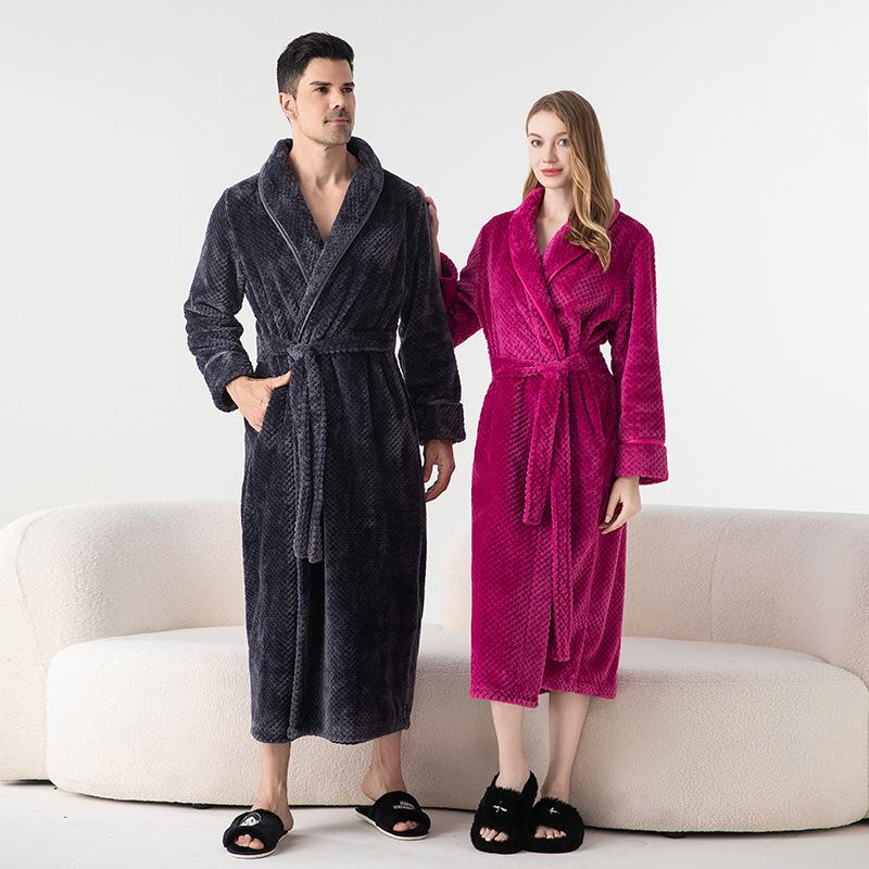 Men's Shawl Collar Robes Full Length Fleece Plush Bathrobes Soft Spa House Coat with Pockets Fluffy Spa Robes Unisex Winter Cozy Warm Spa Long Robe