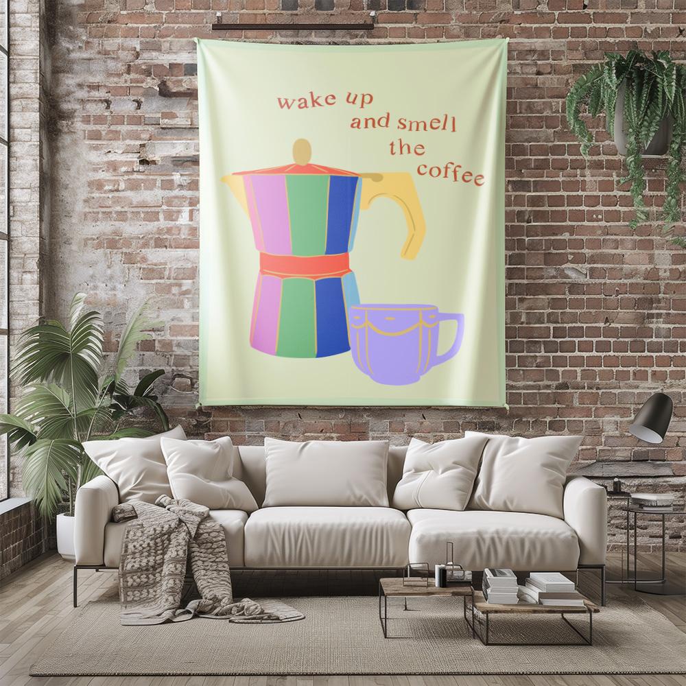 Wake Up And Smell The Coffee Moka Pot Art Wall Tapestry Machine Washable All Season Decor Print Funny Kitchen Design Home