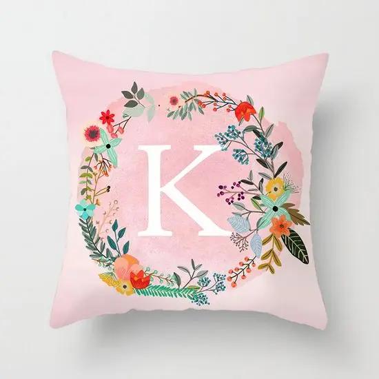 Pink Decorative Pillow Cover 26 Letters In A Wreath Background Pillowcase For Home Decorative Alphabet Cushion Cover 45X45Cm