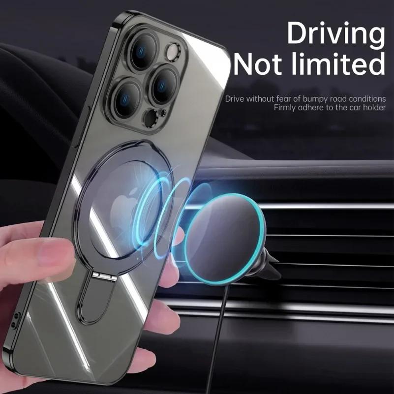 Transparent Plating For Magsefa Case For iPhone 16 15 14 13 12 11 Pro Max 14 15 16 Plus Wireless Charging Ring Stand Phone Cover