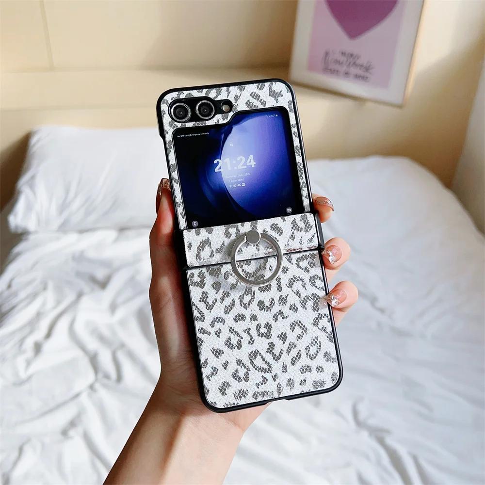Sexy Leapord Leather Case for Samsung Galaxy Z Flip 7 6 5 4 3 Ring Holder Phone Cases for Samsung Z Flip 6 7 Hinge Fold Cover
