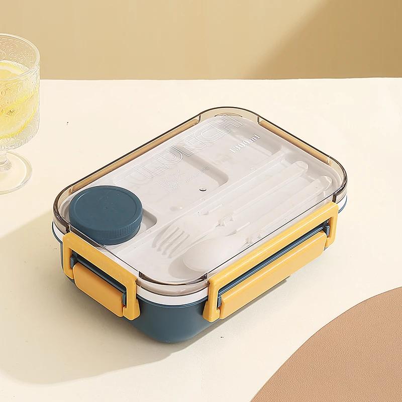 New 1300ml Plastic Lunch Box with Tableware for Adults Students Divided Microwave Oven Bento Box Sealed Leakproof Food Container