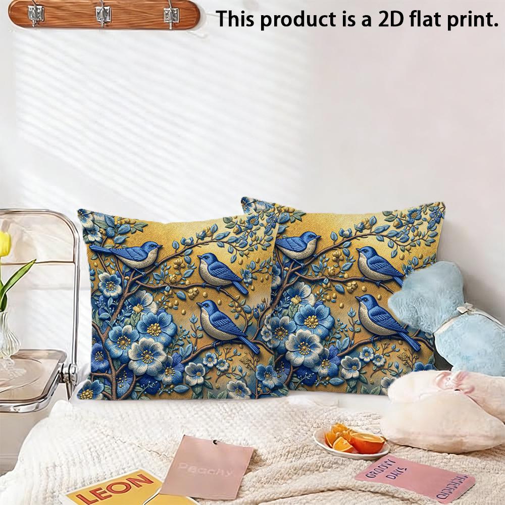 2pcs Vintage Bluebird and Floral Throw Pillow Cover Rustic Yellow Botanical Cushion Case for Home Sofa Bedroom Decor