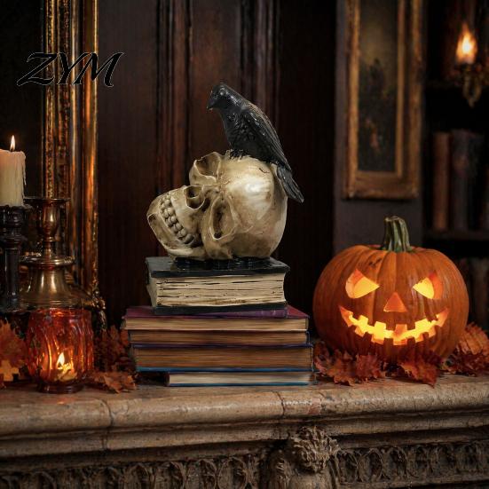 Spooky Bookshelf Display Figurines Halloween Skull Head Statue, Gothic Crow And Book Sculpture, Unique on Statue Gift Resin for Home Party Table