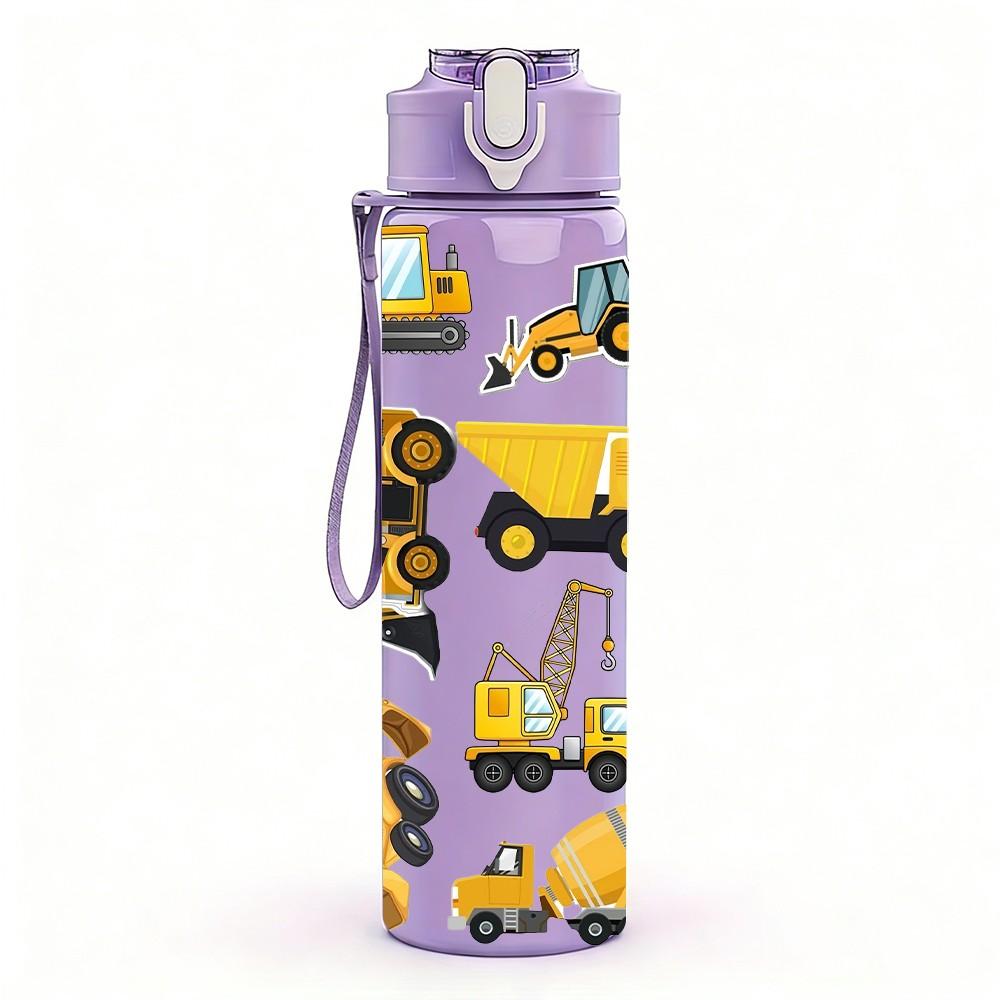 1PC Mixed Construction Truck Group Print 750ml Color Plastic Sports Water Bottle Leakproof Flip Straw Lid Suitable for Sports Office Home Use