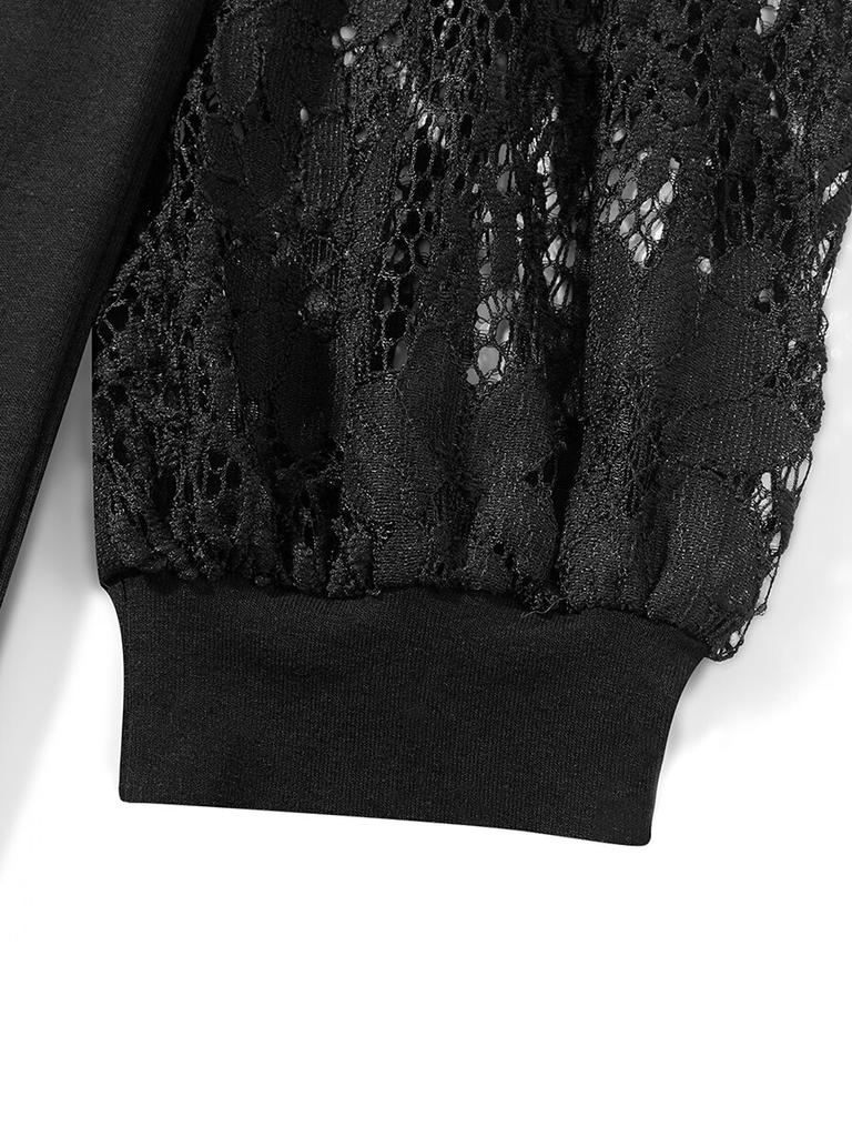 Women S Spring Autumn Casual Tops Long Sleeve O Neck Lace Floral Patchwork T-shirt