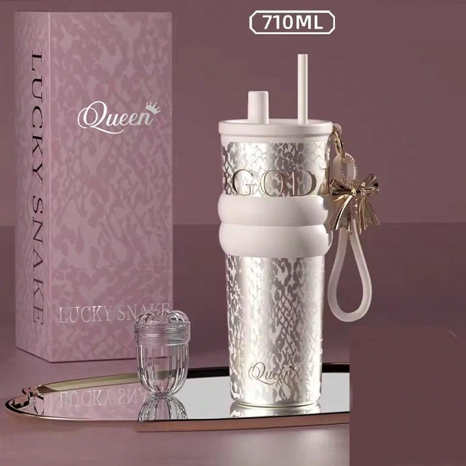 710ml Travel Thermos with Straw and Leak-Proof Lid, Stainless Steel Metal Water Bottle for Hot and Cold Coffee Drinks