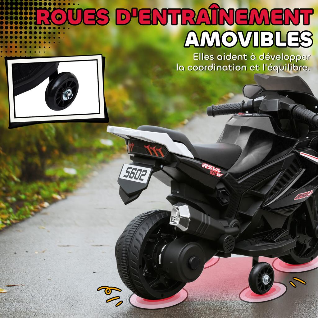 Children's Electric Motorcycle, 6V Battery-powered Motorcycle with Light and Sound Effects, Training Wheels, 75x36x49cm, Black