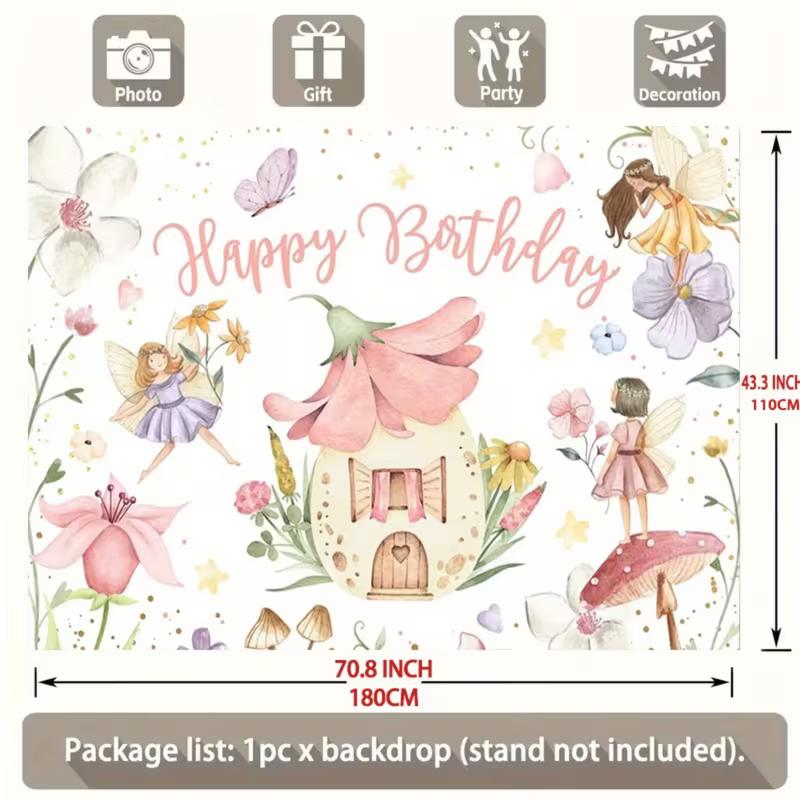 2D Girls Fairy Birthday Tapestry, Watercolor Floral Fairies & Flower House Backdrop, Magical Birthday Decor