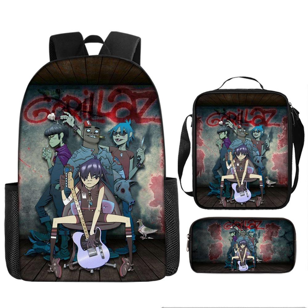 Hot selling British virtual band Gorillaz student backpack cartoon children's backpack shoulder bag pencil case three piece set
