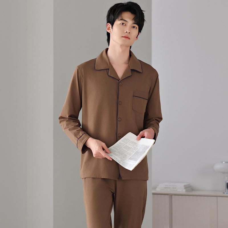 Pure Cotton Pajamas Men'S Spring And Autumn Cotton Long-Sleeved Suit Simple Large Size Can Be Worn Outside Loungewear Men