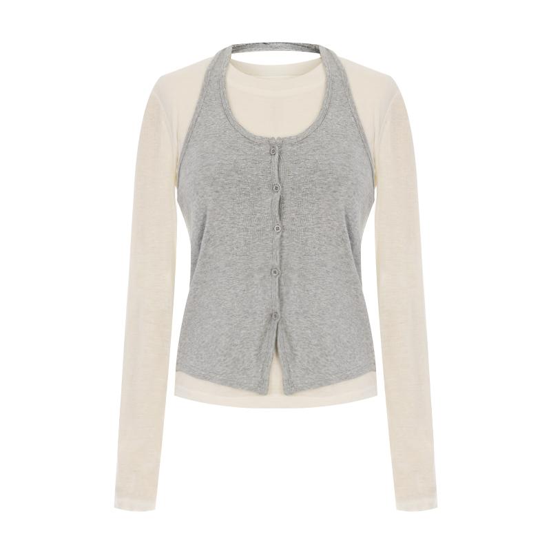 SELLY'S Halter Neck Button Layered T-Shirt_I6A-Cse015