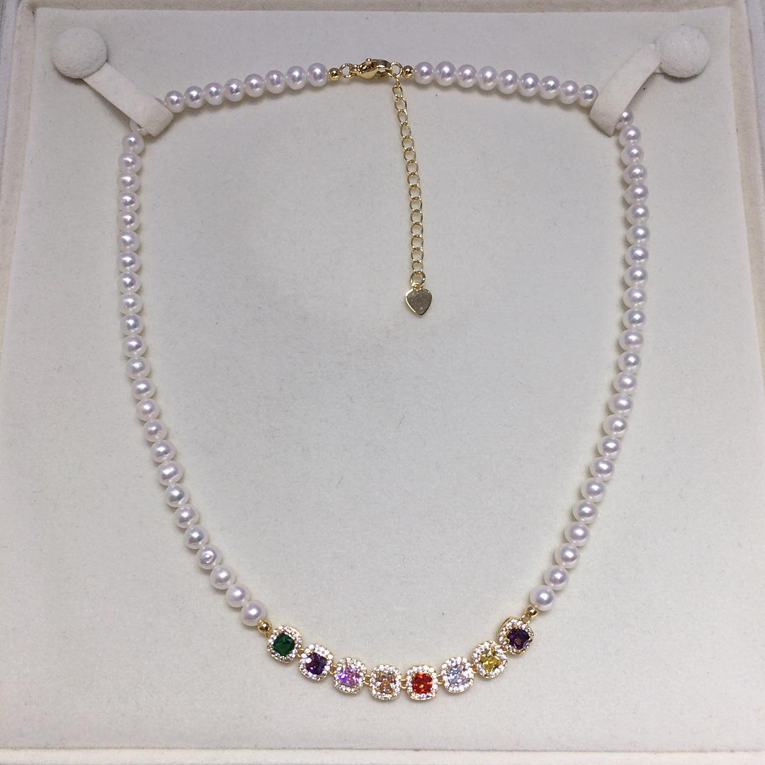 High Quality Near Round Natural Freshwater Pearl Beaded Necklace Multicolor Zircon Accents Collarbone Chain Women Jewelry Bulk 40cm+5cm Extension chain&5-6mm