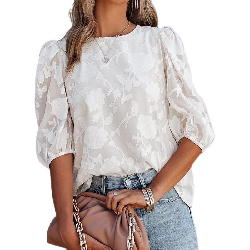 Frühling und Sommer Neues Damen Chiffon Hemd Florale Puffärmel Modisches Rundhals Lockeres Oberteil
