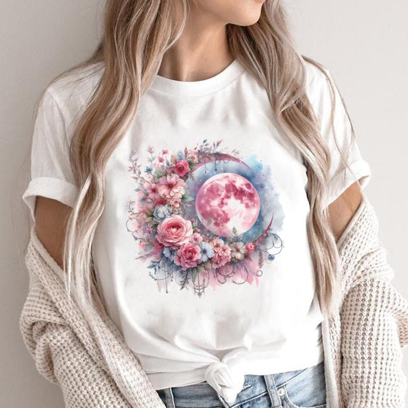 (Asian Size) lovely flower style 90s O-neck Short Sleeve T-shirts Print Casual Top T Graphic Tee Fashion Female Women's Clothing