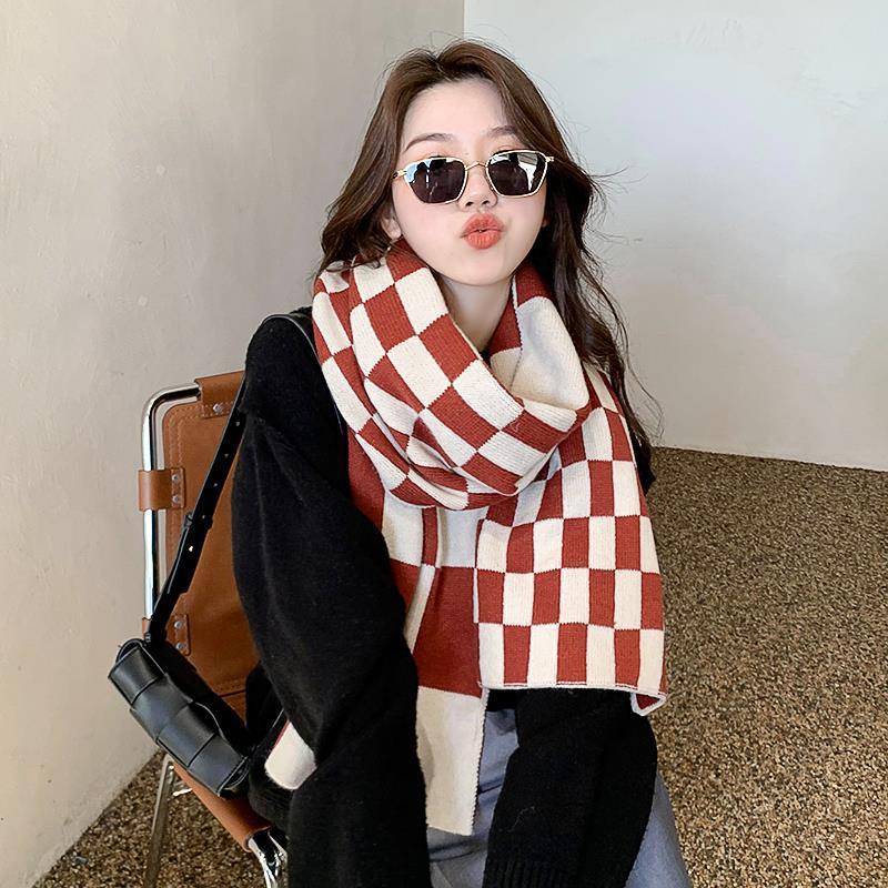 New Style Scarf for Women Knitted Autumn and Winter Student Korean Version Ins Style High Looking Cute Versatile Checkerboard Warm Scarf