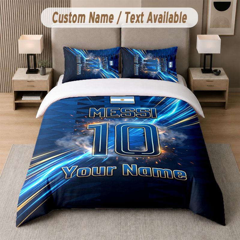 Custom Bedding Set Lionel Messi Pattern, Print Name Text 1 Duvet Cover plus 2 Pillowcases Home Textile
