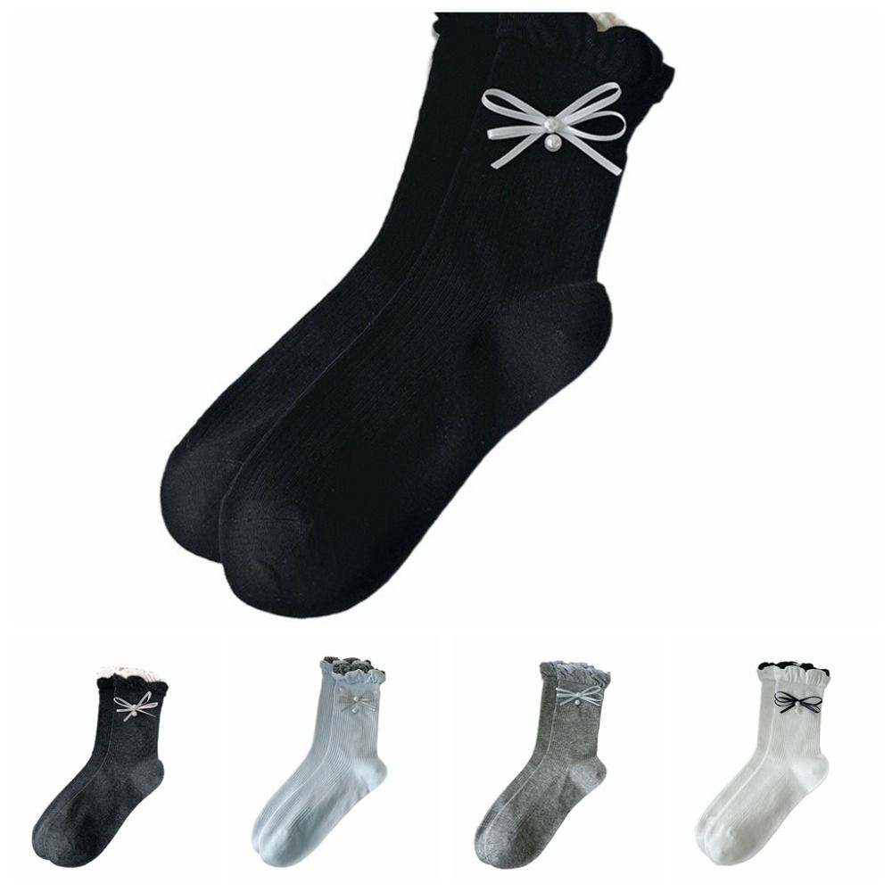 5Pairs Ins Style Bowknot Pearl Socks Thin Sweet Socks Women Soft Mid Tube Socks  Lady