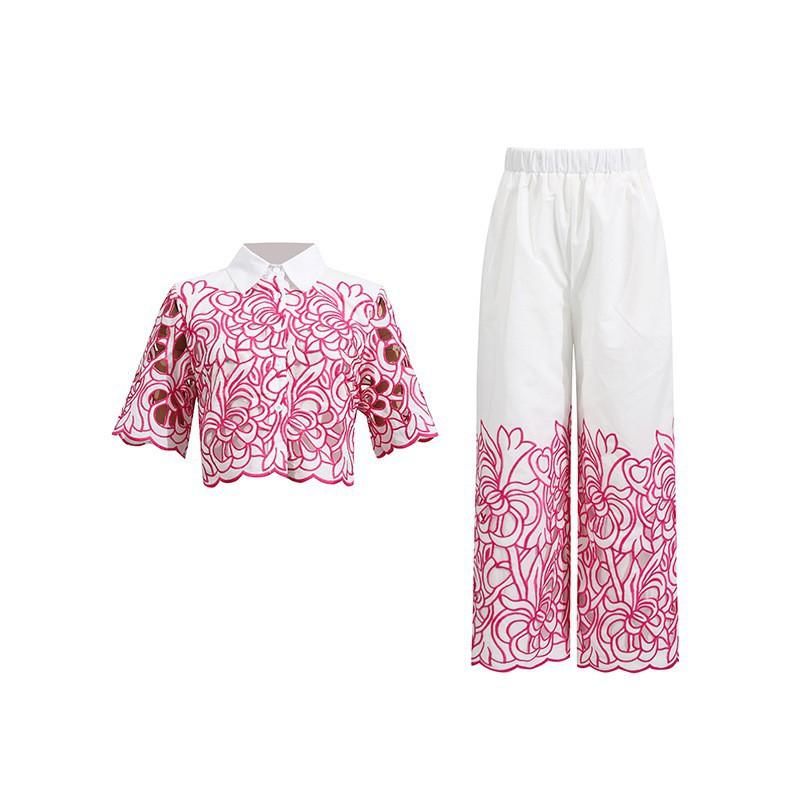 Fashionable Niche Design Two-piece Embroidered Hollowed-out Jacket High-waist Trousers Suit Women