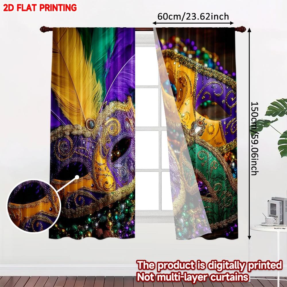 2D Flat Printing 2pcs Curtain Party Curtains Mardi Gras Colorful Masks(1) Digital Printed Polyester Drapes Seasonal Party &