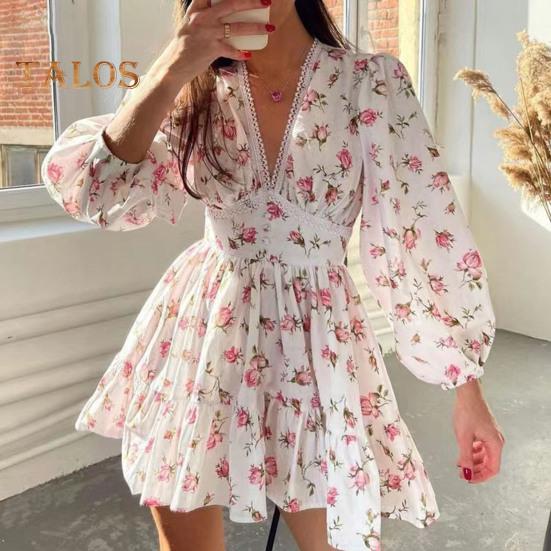 Frühling Sommer Damen Kleid A-Linie Spitze Big Swing Lange Laternenärmel Blumendruck Enganliegend Hohe Taille Tiefer V-Ausschnitt Plissee Patchwork Saum Urlaub Party
