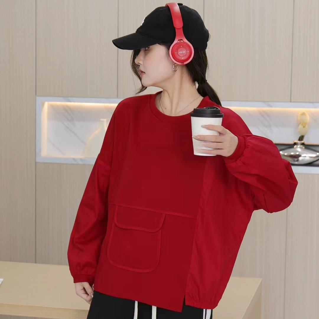 

DIMANAF 2024 Осень Однотонная Эластичная Футболка Женская Сплайсированная Печать Длинные Рукава Свободные Топы Футболки