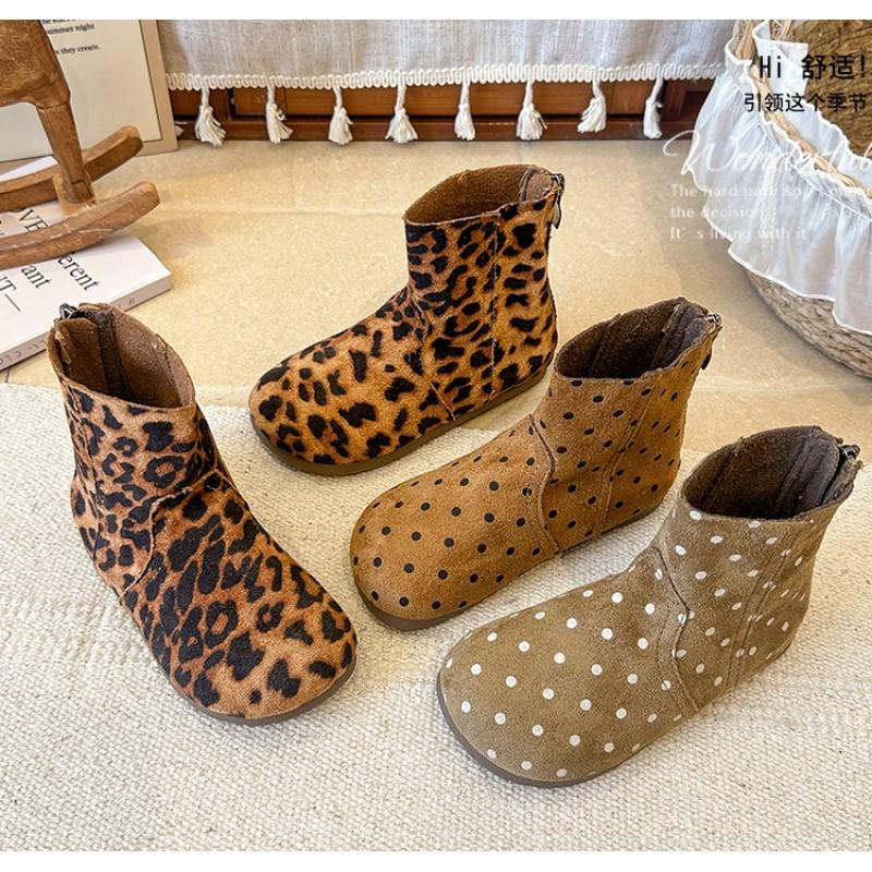 Girls Chunky Sole Martin Boots Kids Ages 4-12 Slip-Resistant Short With Side Zip Polka Dot Leopard Print