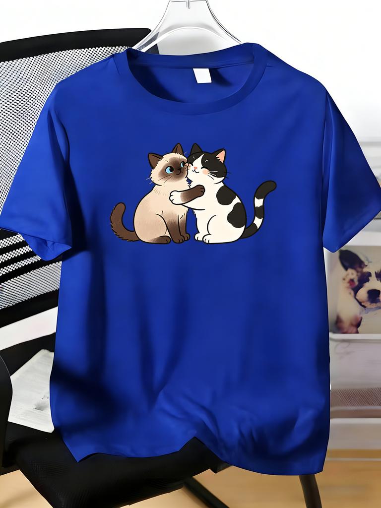 Unisexs Tee Sweet Hugging Couple Kitten Pattern Print Cotton Short Sleeve Male Casual Streetwear Outdoor Daily Basic Fashion Top