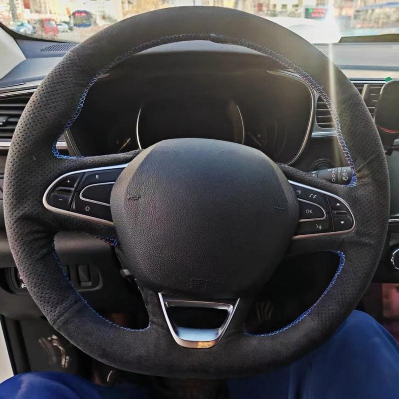 

ization Car Steering Wheel Cover Accessories Hand Sewing Suede Leather Non-Slip For Renault Megane 4 Kadjar Koleos Blue Thread