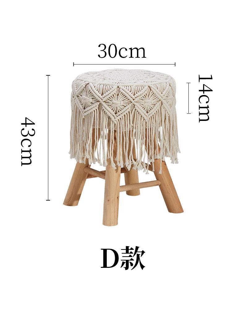 Solid Wood Nordic Makeup Stool Vintage Dressing Stool Woven Fringe Round Seat Upholstered Stool for Guesthouses