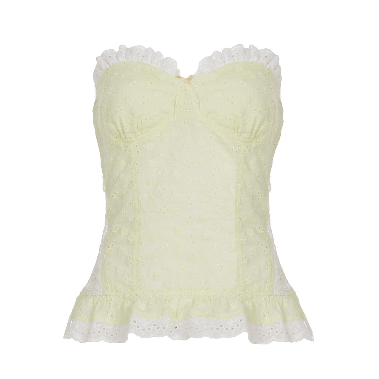 2025 Autumn Women s Sexy Backless Bandeau Crop Top - Dopamine Color Block Waist-Cinching Design Large светло-желтого