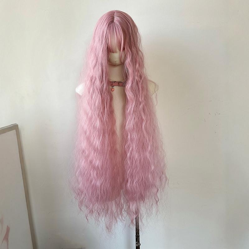 Parrucca Rosa Lolita Super Lunga Riccioli di Lana Capelli Ricci da Principessa Rosa Fiore di Ciliegio alla Moda e Versatile Parrucca sintetica con Fascia