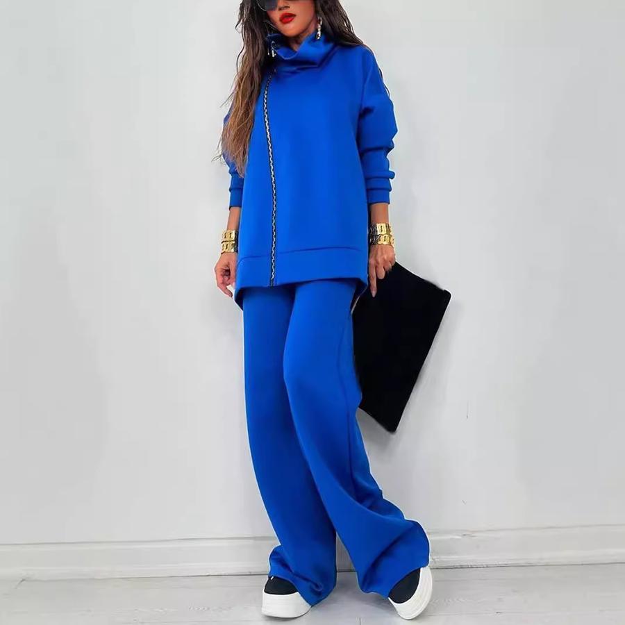 New Women's Fall/Winter Solid Casual Loose Fit Zip-Up Sport Shirt & Wide Leg Pants Set