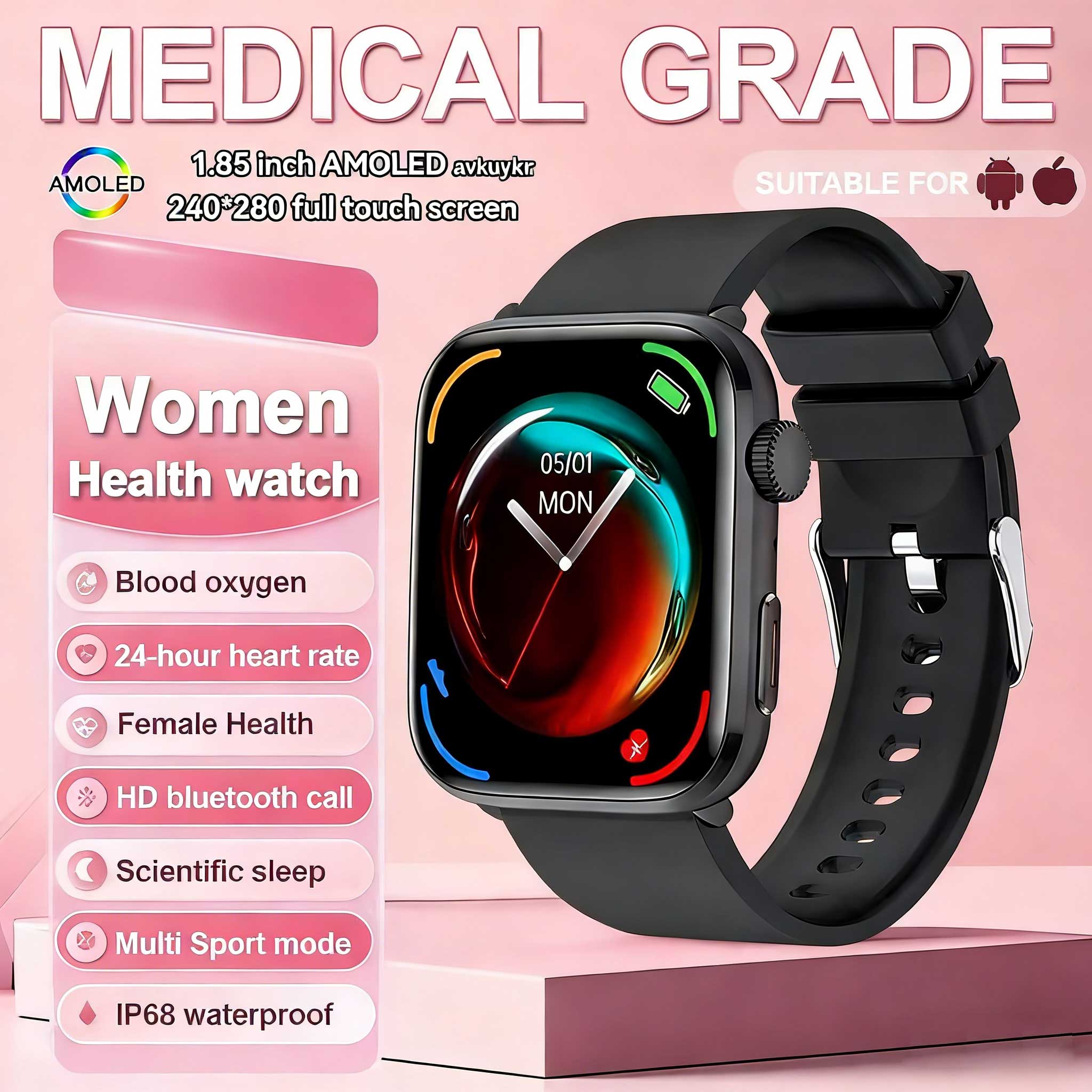 Умные часы 1,85 дюйма AMOLED Экран Женские Bluetooth Звонки NFC Пульс Давление Кислород в крови Женские Сон Умные часы 2026 silicon