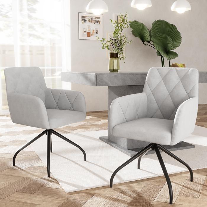 Lot de 4 chaises de salle à manger pivotantes à 360° avec motif en losange, fauteuil rembourré avec 4 pieds en métal, gris