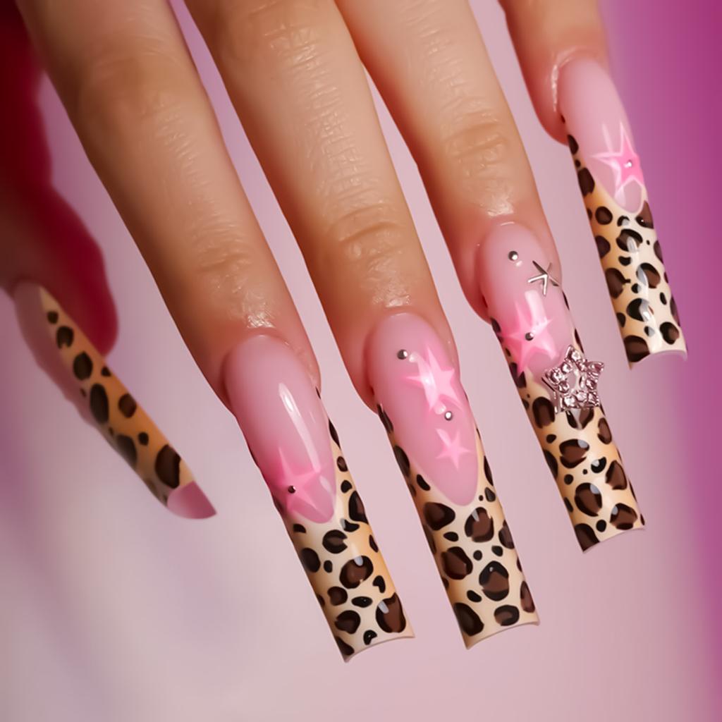 Pink Long False Nails with Leopard Tip Charming Comfortable To Wear Manicure Nails for Shopping Traveling Dating