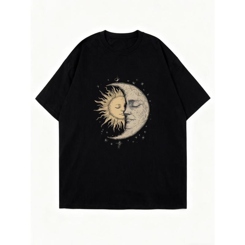 Black Oversized T Shirt With Sun And Moon Print For Casual Wear