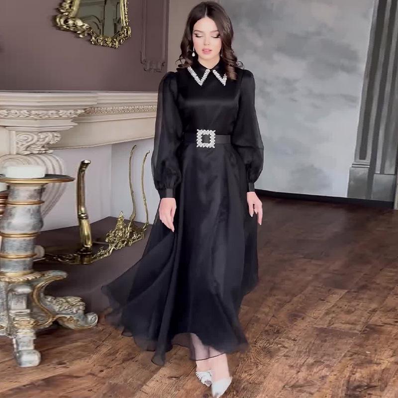 

2024 Европейское и американское женское длинное платье из сетки с лацканами из страз - Элегантный летний светский стиль L