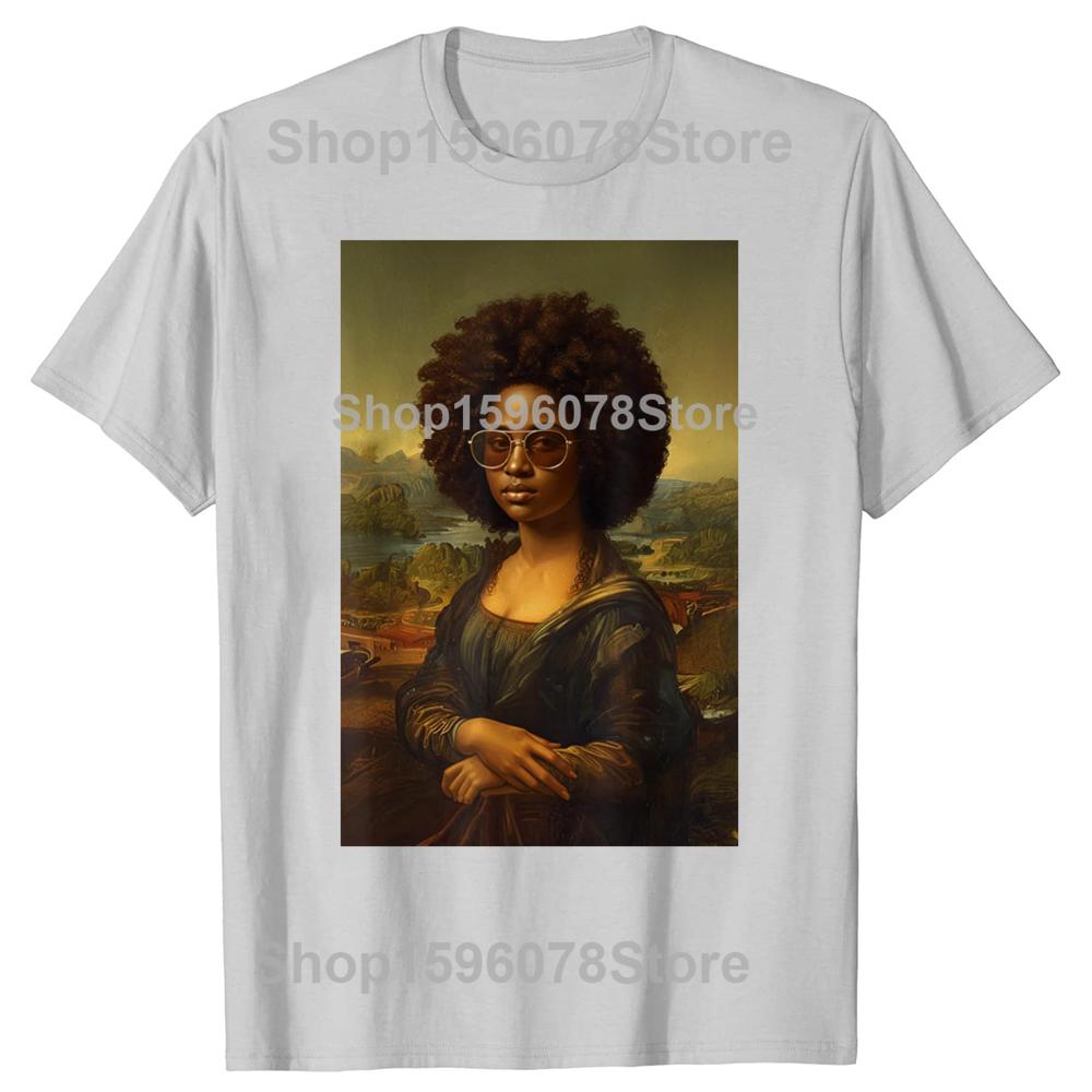 Black Mona Lisa African American Black History Month T Shirts Men Humor Streetwear Tee Short Sleeve Unisex Loose Clothing
